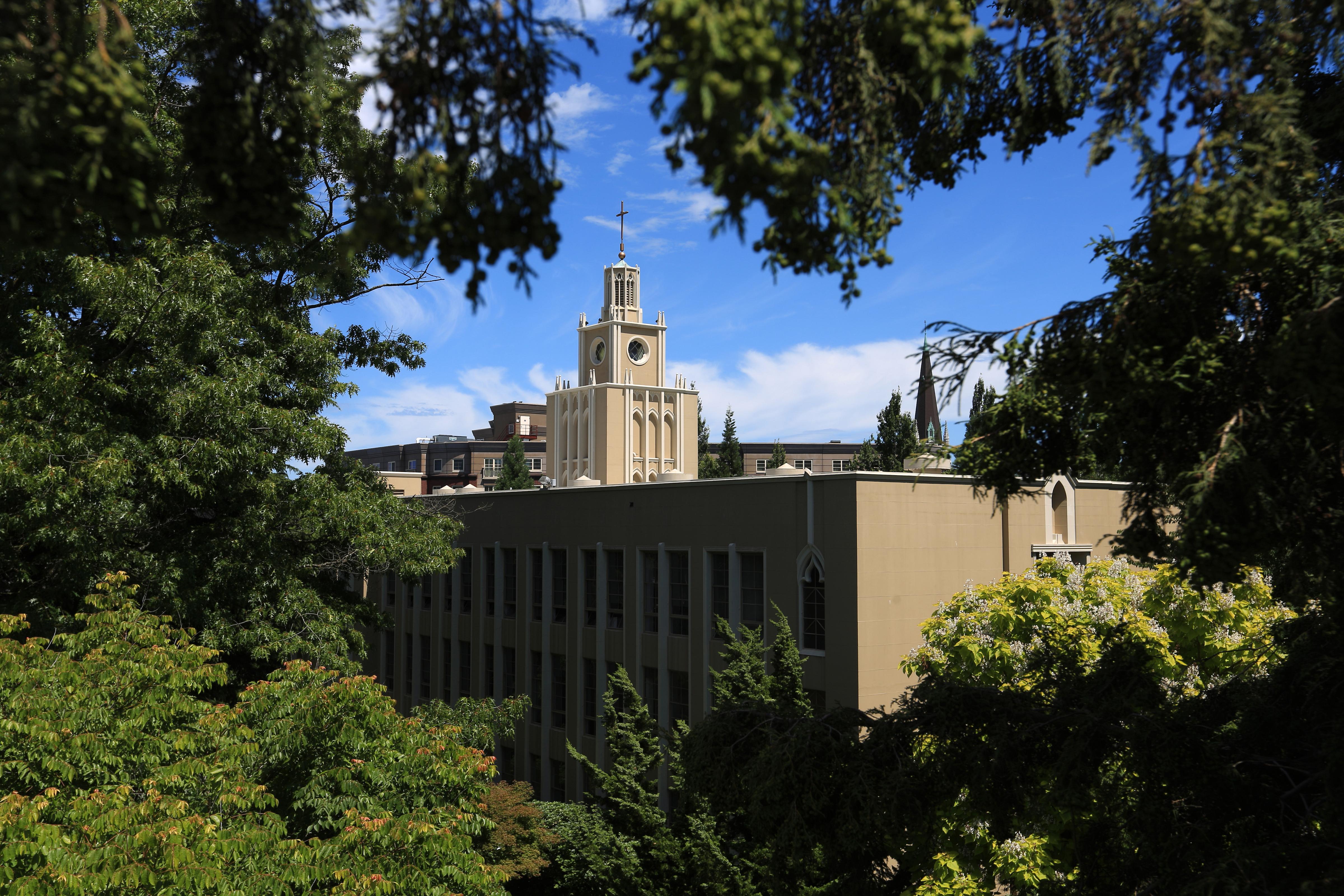 Wide shot of admin building framed by trees